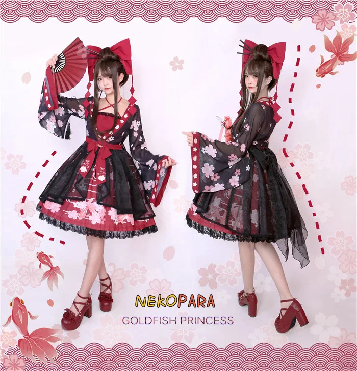 

3 Colors Goldfish Princess Hime Chinese Hnafu Style Lolita Dress Long Sleeve Bow Fake 2PCS Organza Fairy Kei Pink One Piece Cute