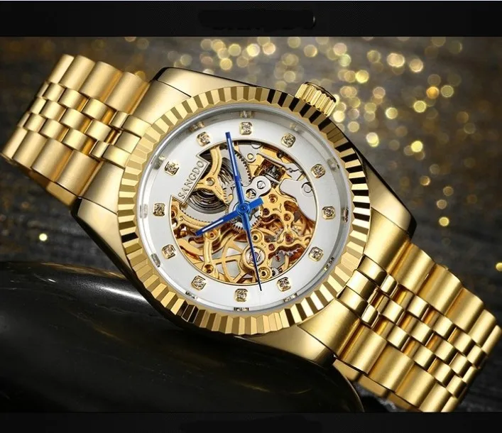 

38mm Sangdo Luxury watchesho llow out Automatic Self-Wind movement Mechanical watches Plating 18K Gold color Men's watch SD054S