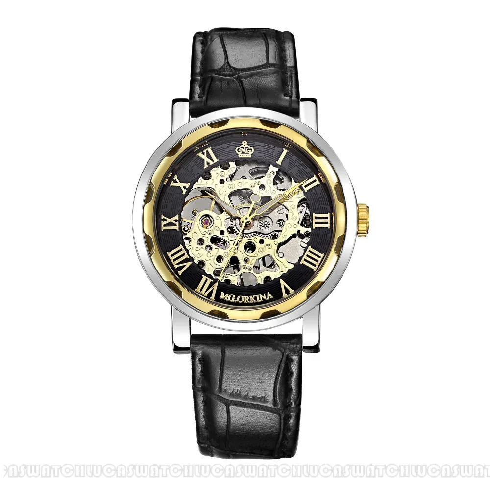 Мужские наручные часы ORKINA механические с кожаным ремешком ручным заводом|belt clip for