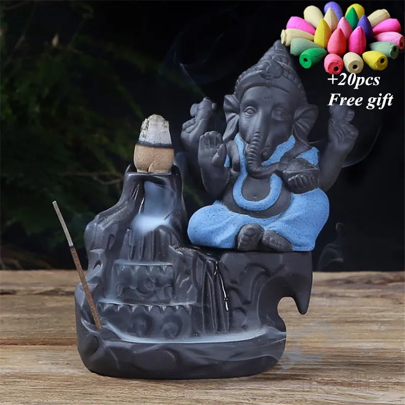 B Blue-20pcs Mixed Ganesha курильница для благовоний горелка Бог слон благоприятный и символ успеха водопад курильница домашний декор+ 20 шт Бесплатные конусы - Цвет: B Blue-20pcs Mixed
