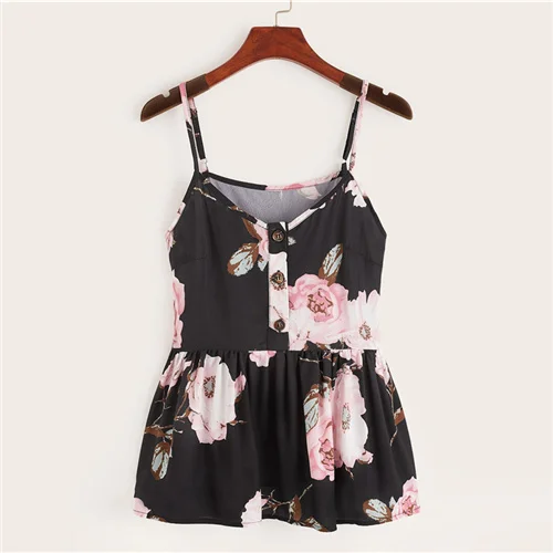 SHEIN многоцветный большой цветочный гофрированный подол Cami Top для женщин Лето кнопка спереди Регулируемый Спагетти ремень без рукавов Boho милые топы - Цвет: Черный