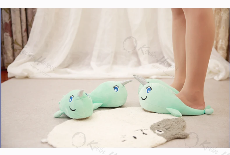Домашние тапочки с рисунком единорога для женщин/мужчин/детей; забавные тапочки «Нарвал»; зимние теплые мягкие плюшевые домашние тапочки для мужчин