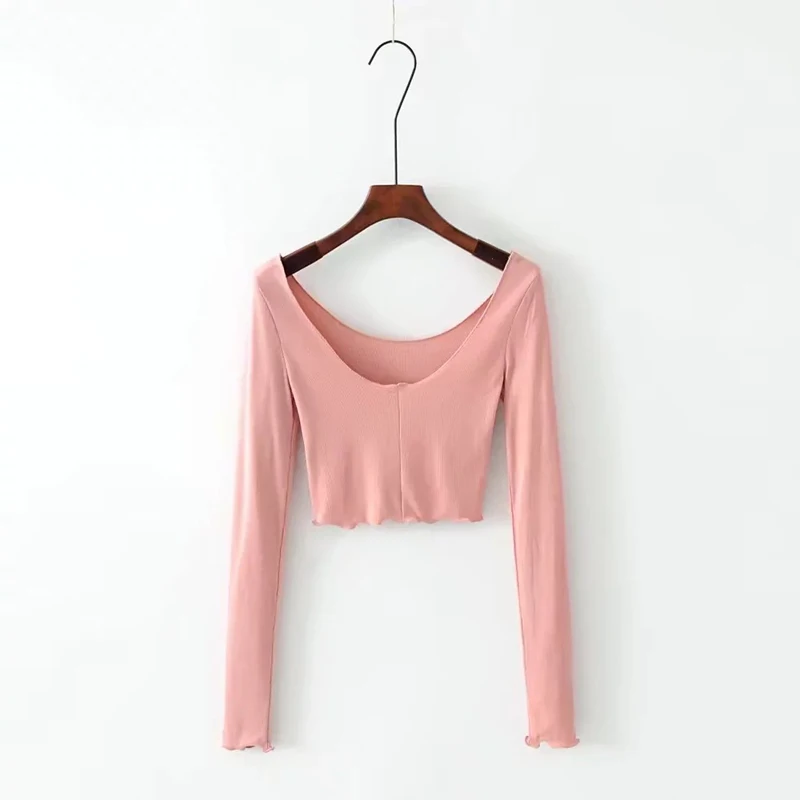 skitzyou Long Sleeve Women Casual Slim Summer T Shirt Cotton Elastic White Black Short Crop Top Tees Backless Sexy Basic Cropped | Женская