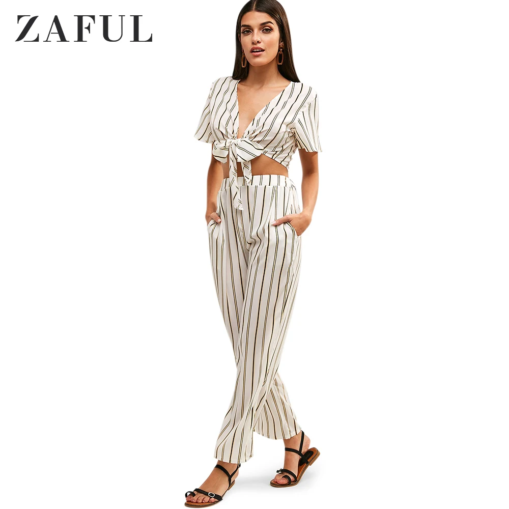 Женский комплект из 2 предметов ZAFUL укороченный топ в полоску с узлом и штаны