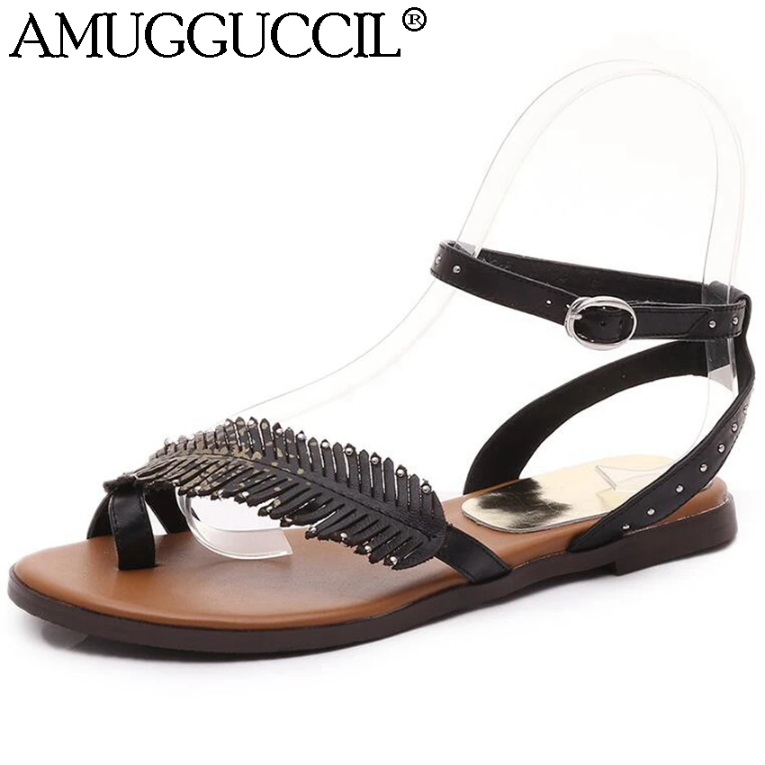 Босоножки женские из натуральной кожи сандалии на плоской подошве с пряжкой и