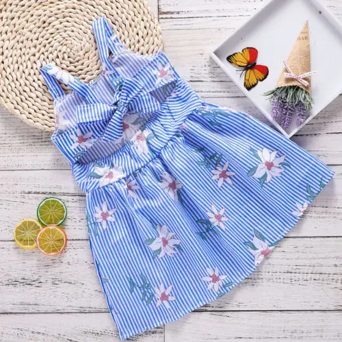Newborn Blue Striped Floral Dress Summer Baby Girl Kid Strap Sleeveless Princess Children Sundress Clothes | Детская одежда и