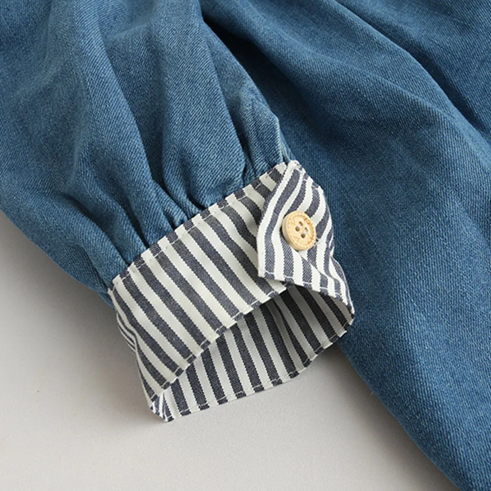 2018 new fashion Toddler Kid Girls Long Sleeves Belt Striped Denim Kids Clothing Princess Dress stem21 | Детская одежда и обувь