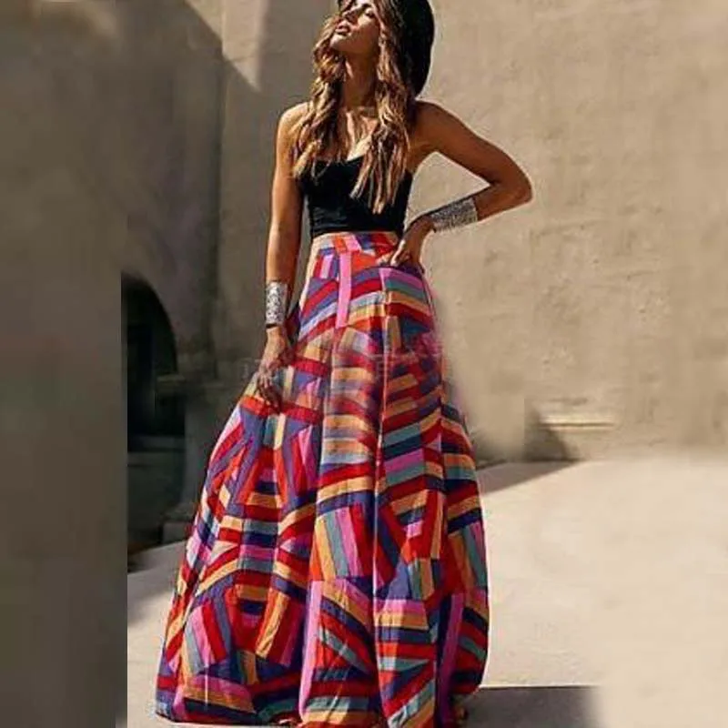 Женская эластичная пляжная юбка макси радужного цвета длинная Плиссированная в