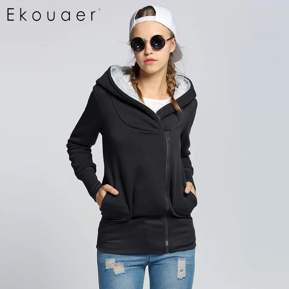 Женское пальто с капюшоном Ekouaer куртка толстовки теплая на молнии женская модная