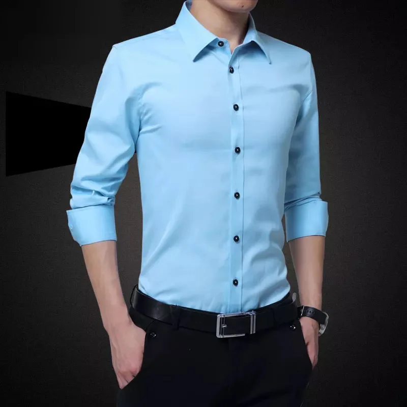 Light blue Мужская белая рубашка новая Однотонная рубашка с длинными рукавами деловая блуза мужская деловая рубашка - Цвет: Light blue