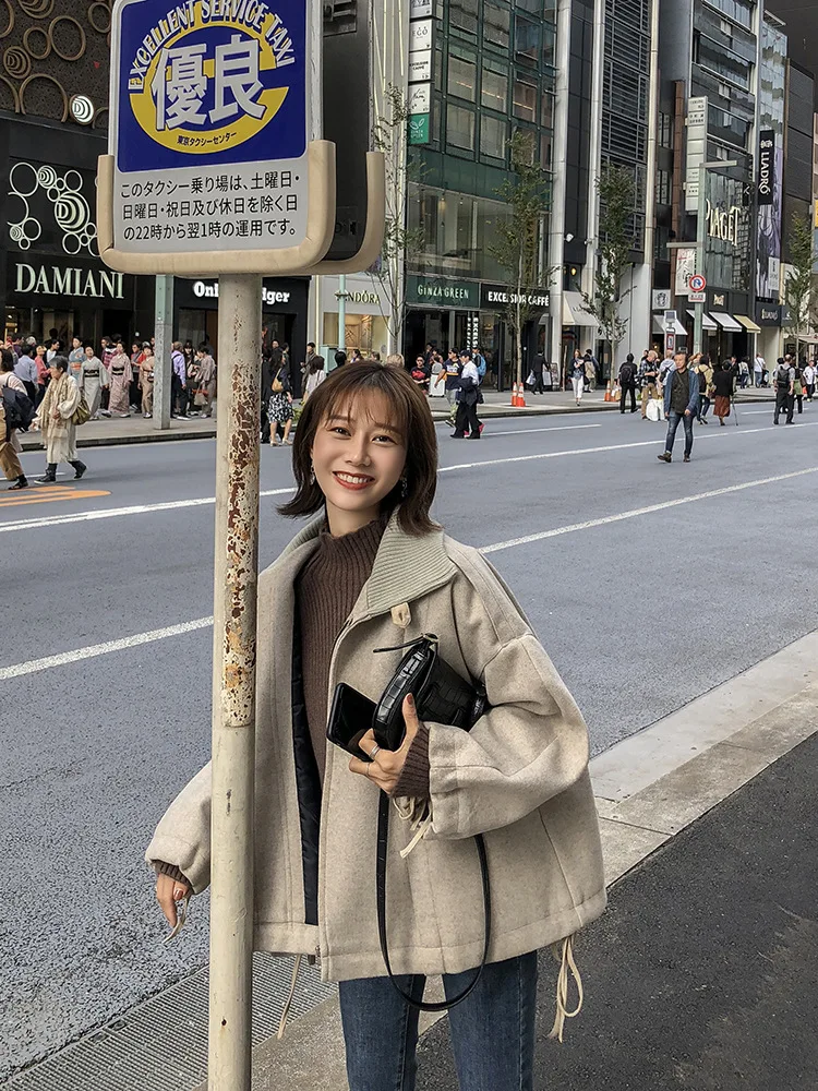 Повседневное однотонное Короткое шерстяное Женское пальто Свободная Женская