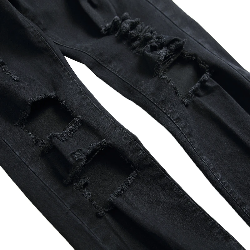 Мужские зауженные рваные джинсы HMILY черные Стрейчевые брюки с дырками в стиле хоп