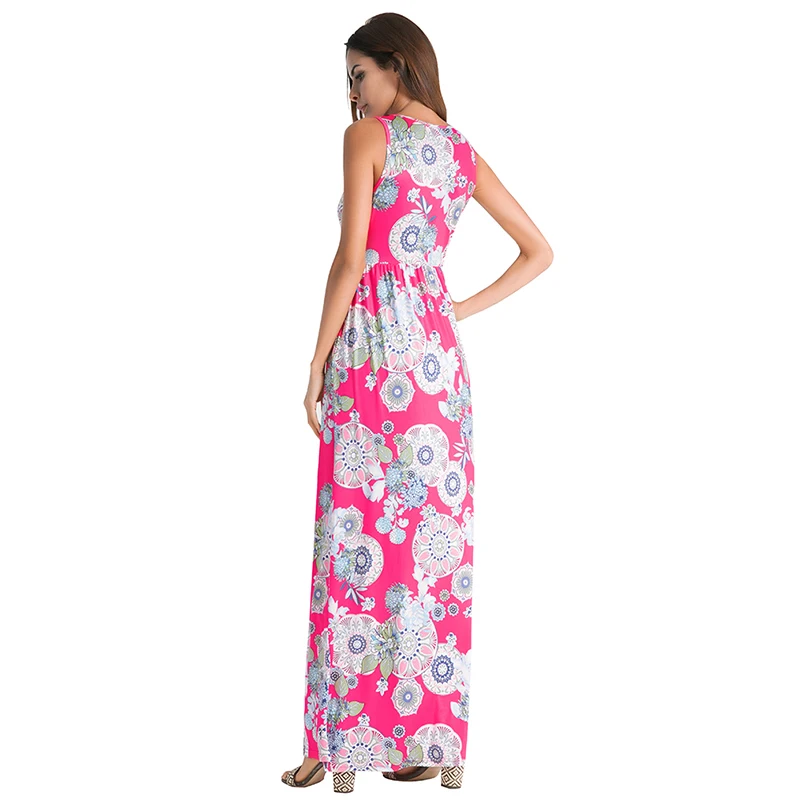 Ruiyige 2018 Women Sexy Tank Maxi Dress Summer Ethnic Floral Print Dresses Casual Pockets Sleeveless Vestidos Long Beach Robes | Женская