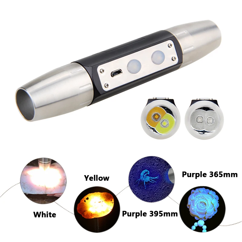 

365nm 395nm UV LED Flashlight Purple Yellow white 4 lights Usb Rechargeable Torch Identification Marker Jade Checker Detection