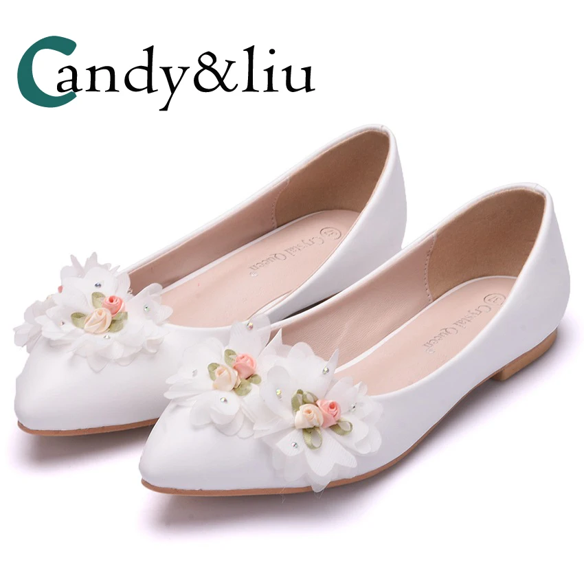 

White Lace Flower Wedding Shoes Pointed Toe Slip-on Boat Shallow Flats for Party Banquet Bridesmaid Bridal Pregnant Gril