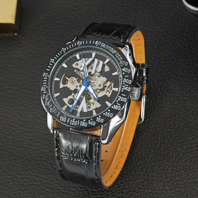 Механические Автоматические спортивные часы WINNER Tachymeter черные с гранями