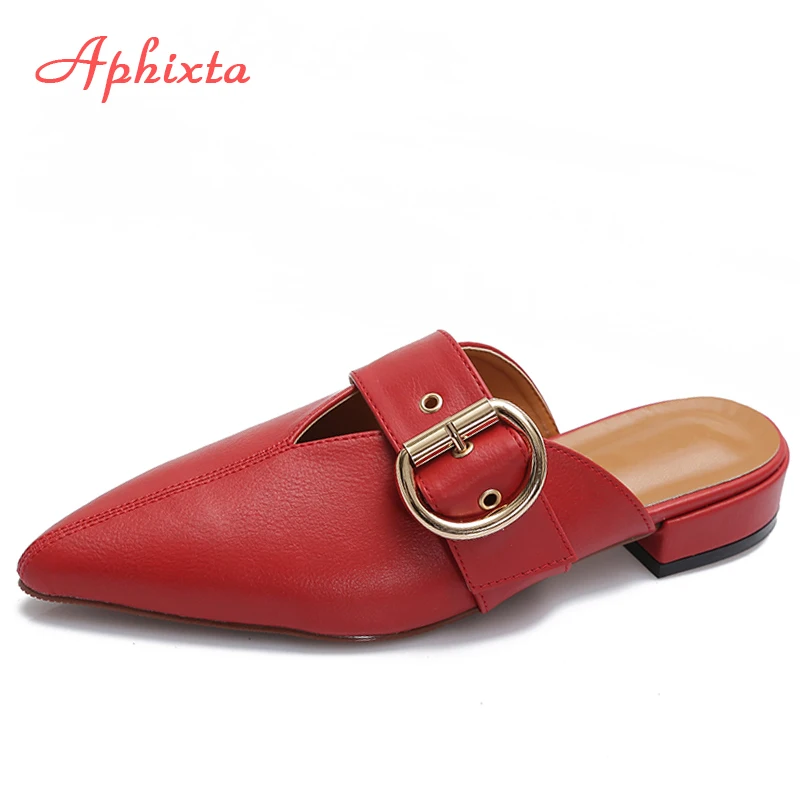 

Aphixta Pointed Toe Luxury Mules Buckle Lamb Skin Texture Soft Women Slippers Flat With Solid Fashion Summer Slides Size 35-43