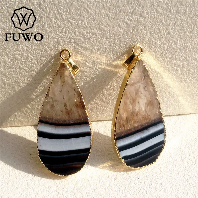 FUWO Natural Banded Agates Gem Stone Pendant 24K Electroplated High Quality Water Drop Shape Raw Crystal Jewelry Wholesale PD063 | Украшения