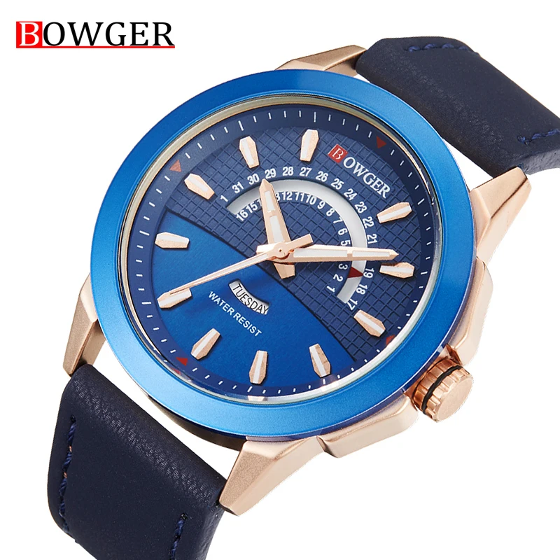 Новая мода для мужчин s часы BOWGER Militray Спорт Кварцевые кожа водостойкий мужской