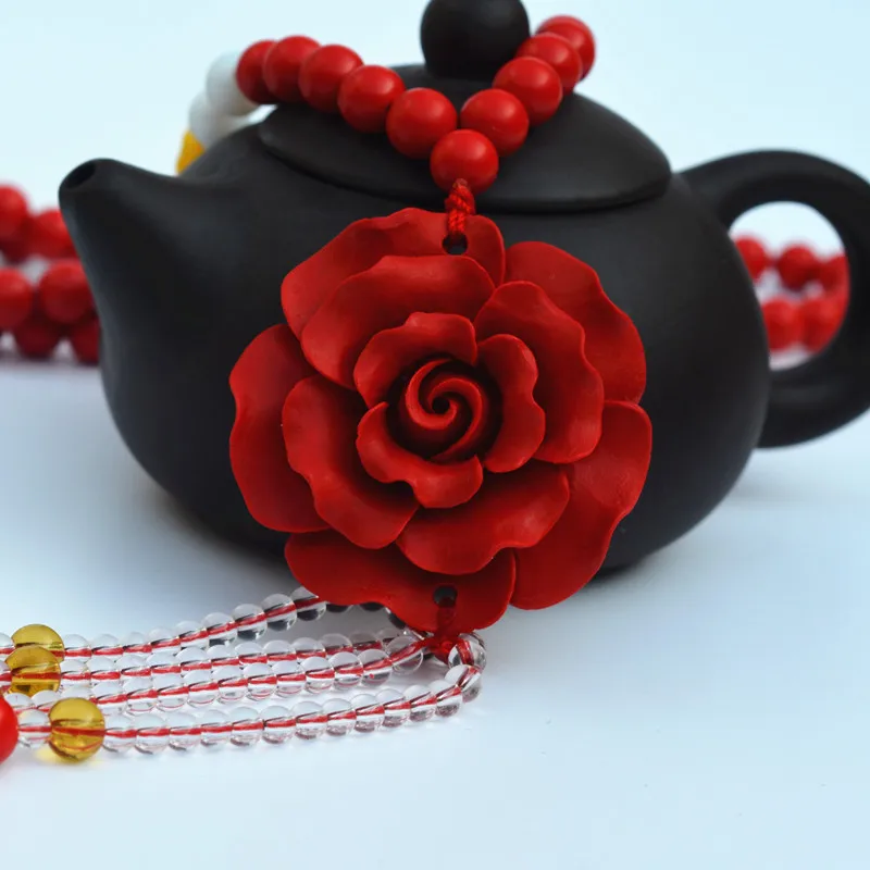 Цепочка с подвеской в виде красного циннабара круглые бусины резной кулон цветка