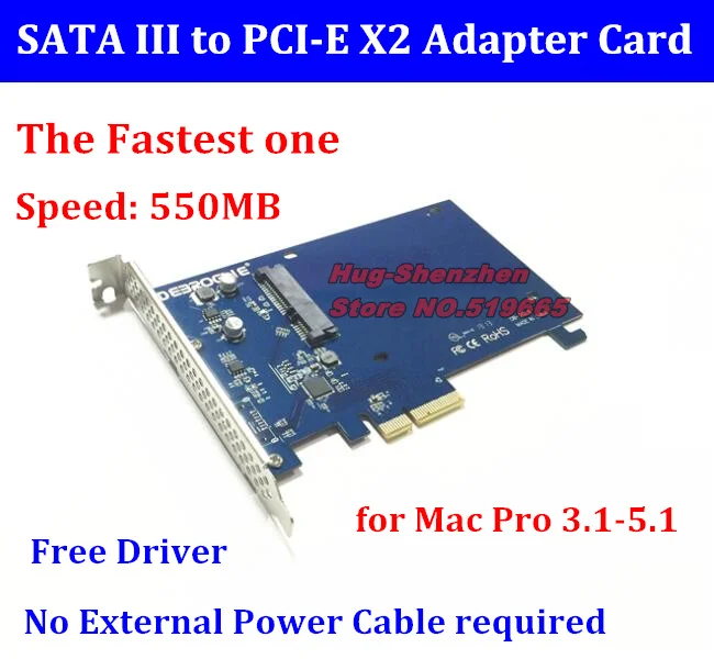 DEBROGLIE DB-2019 The Fastest Speed 500MB PCIE x2 to 2.5' SATA III SSD Adapter card for mac pro 3.1-5.1 OSX 10.8-10.15.6