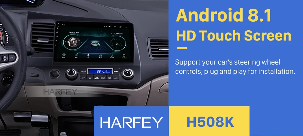 Harfey 2Din GPS; Мультимедийный проигрыватель 10,1 дюймов Автомагнитола для 2006 2007 2008-2011 Honda Civic Android 8,1 с управлением зеркалами