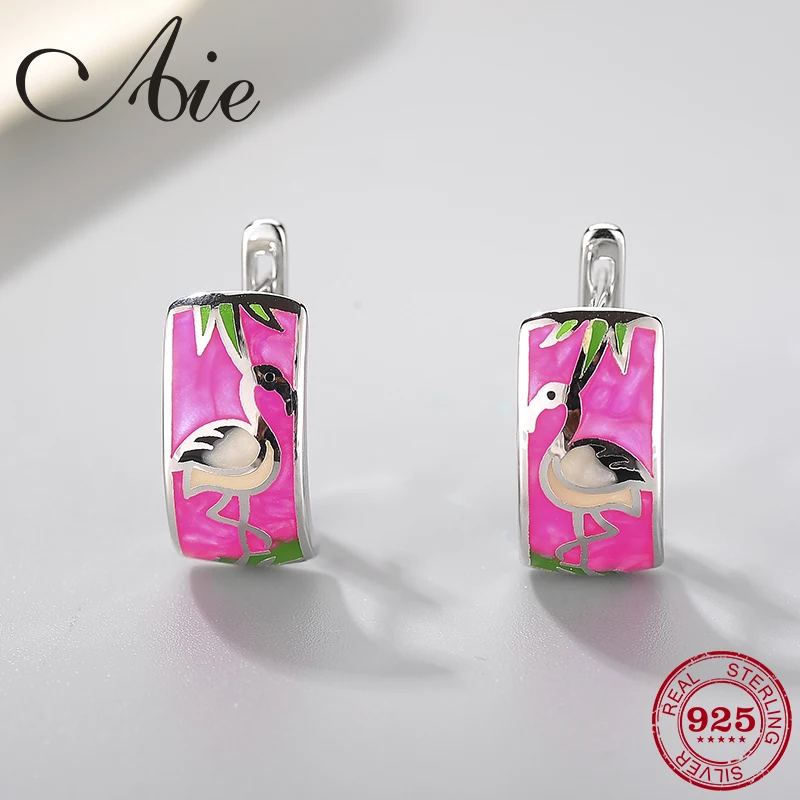 new DIY gift 925 Sterling Silver Red-crowned crane green leaf pink Enamel fashion Ear clip Party Jewelry