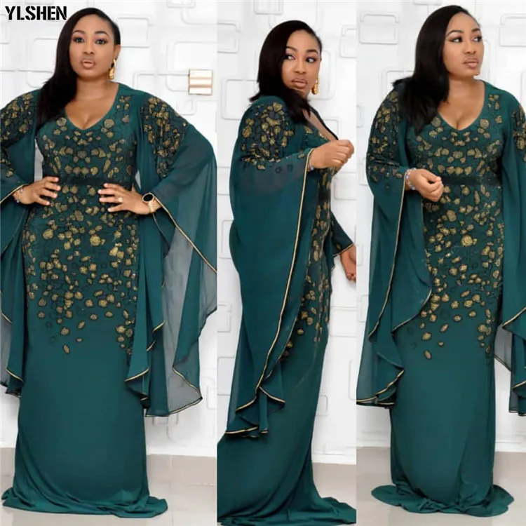 African Dresses for Women Dashiki Clothes Bazin Broder Sexy Slim Ruffle Sleeve Gold Sequin Embroidery Africa Skirt Dress | Тематическая
