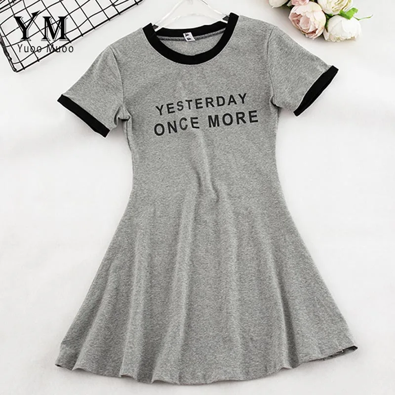 Gray YuooMuoo, шикарное летнее женское платье с буквенным принтом,, короткое ТРАПЕЦИЕВИДНОЕ платье-рубашка для девочек, повседневное женское корейское платье, Vestidos - Color: Gray