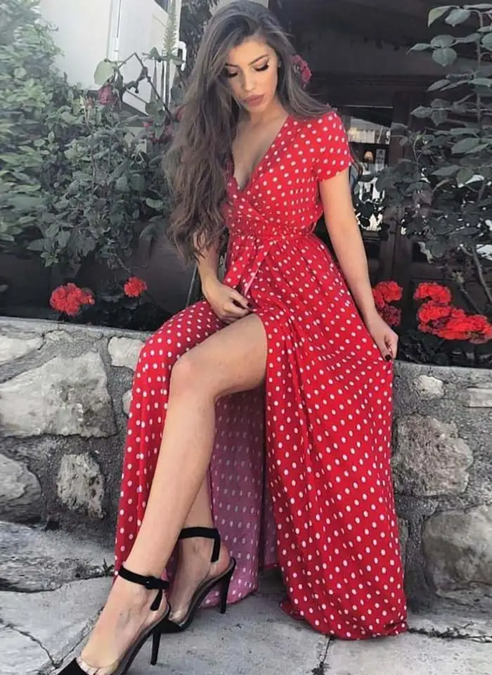 Светолечение. Boho горошек длинные платья Для женщин Разделение короткий рукав Летнее Повседневное платье уличная Черный Макси платье Vestidos