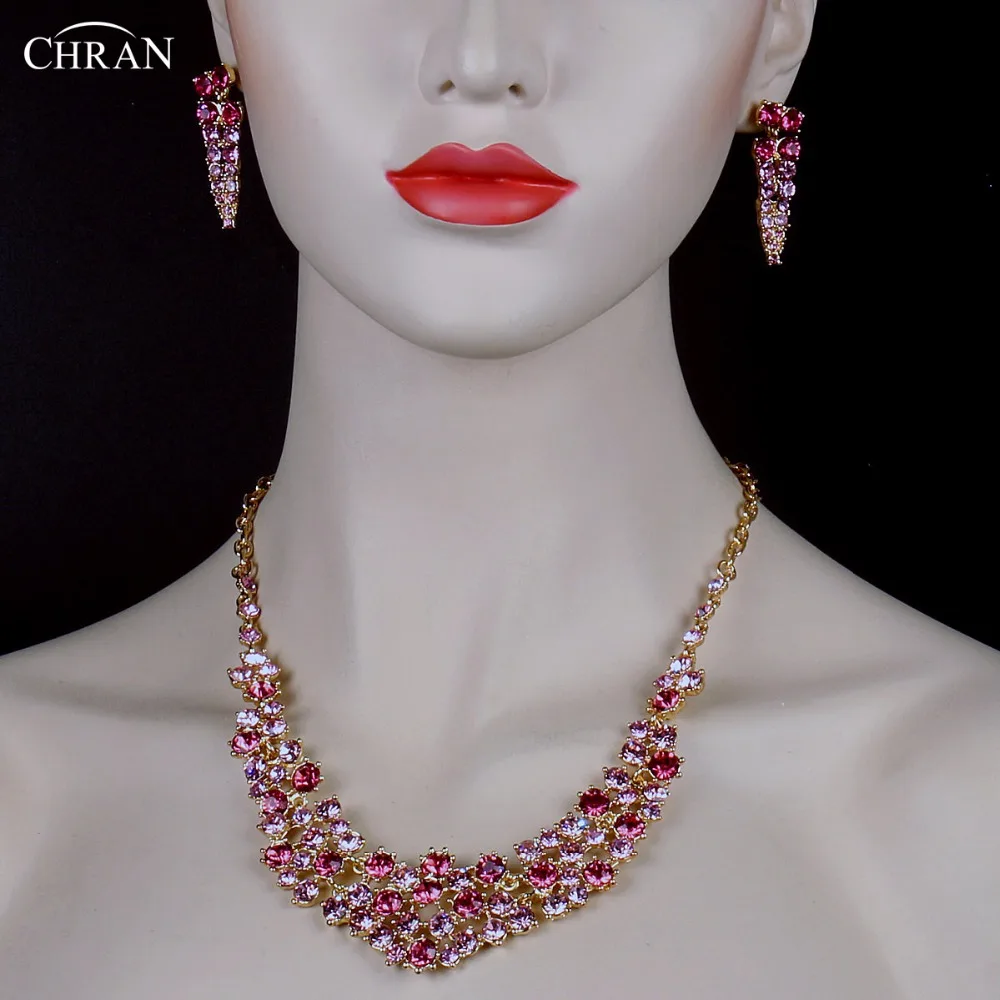 

CHRAN Brand Gold Color Pink Crystal Wedding Party Jewelry Sets Fashion Women Indian Bridal Statement Necklace&Earrings Accessory