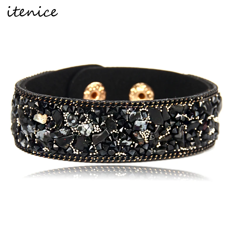 Newest Fashion women jewelry rhinestone Leather Charm Bracelet Bangles with Buttons Adjust Size