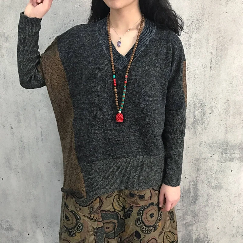 Johnature Women Pullover Sweaters Loose Long Sleeve V-Neck 2021 Autumn New Casual Vintage Bat Knitted Warm Sweater | Женская одежда