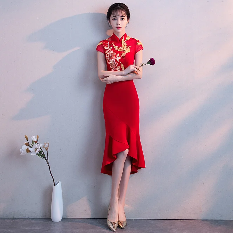 Вышивка Cheongsam длинное традиционное китайское винтажное платье красное свадебное платье Русалка сексуальное платье Ципао с разрезом Современные платья - Цвет: red