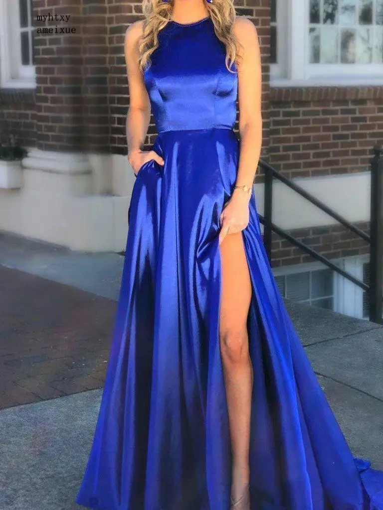 Vestidos De Gala Royal Blue Long Evening Dress 2020 Sexy Slit Halter Prom Dresses Satin Formal Dress Evening Gown for Women