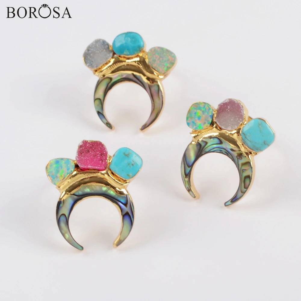 

BOROSA Handmade Horn Abalone Shell Rings with Rainbow Agates Druzy Turquoises Gold Plating Fashion Moon Rings Jewelry G1839