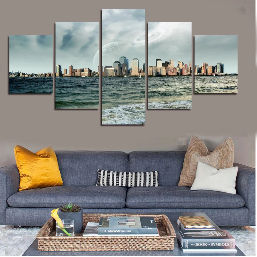 Oil Painting 5 Pcs High Quality Cheap Art Pictures Sea And Sky Large Hd Modern Home Wall Decor Canvas Print Unframed | Дом и сад