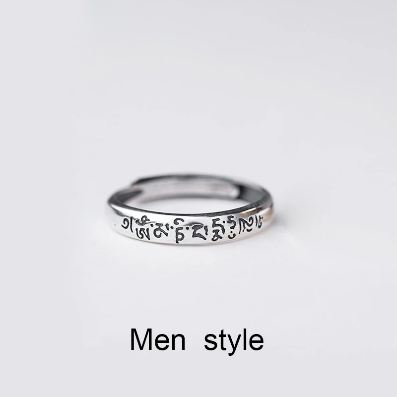 Menstyle Ювелирные изделия тибетского Будды, серебряные кольца с хвостом для пар, 925, для женщин, мужчин, влюбленных, простые, шесть слов, Ом Мани Падме, ХУМ, регулируемое кольцо - Цвет основного камня: Menstyle