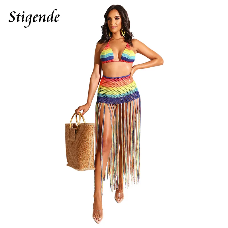 Stigende Summer Beach Hollow Two Piece Crochet Set Women Sexy Rainbow Tassels 2 Skirt Knitted See Through 2pcs Outfits |