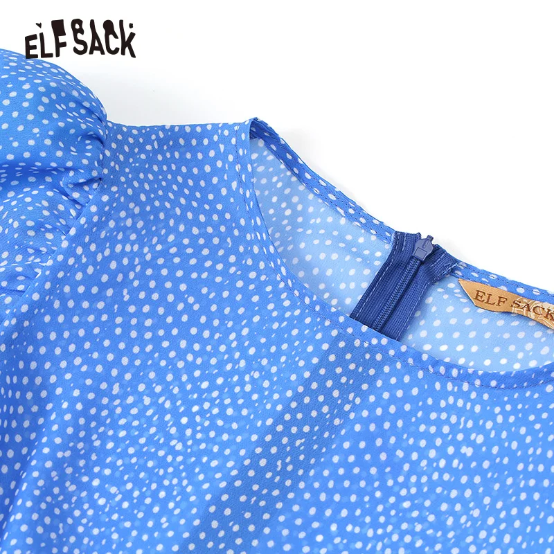 ELF SACK/Женские винтажные платья в синюю точку модные с круглым вырезом и длинным
