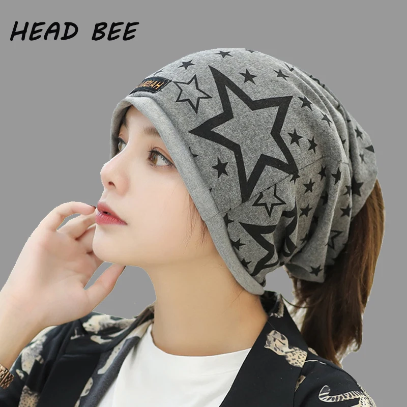

[HEAD BEE] 2018 Brand Beanies Hat Cotton Print Stars Knitted Cap Ladies Skullies Bonnet Hat Winter Cap Warm for Women
