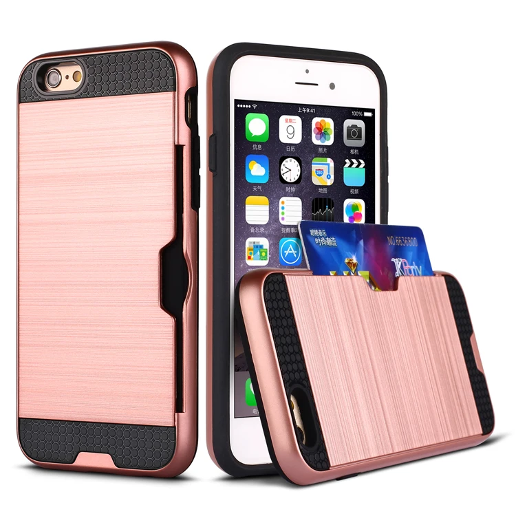 for iPhone 6 6S 7 8 Plus X XS 5s Plain Business Carbon Fiber Phone Case with Card Slot Rose Gold Anti-knock Back Cover |