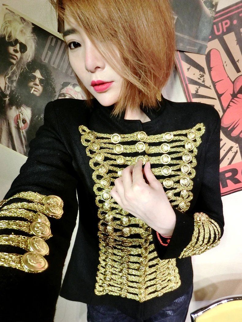 Women blazer fashion coats Military uniform court gold silk autumn and winter blazer ladies suits