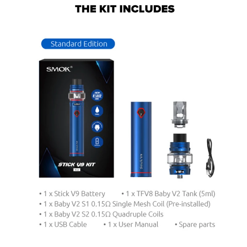 Оригинальный набор SMOK Stick V9 с 3000 мАч палкой Mod 5 мл/2 мл Tfv8 Baby V2 Tank S1 S2 Coil vape pen kit Vs