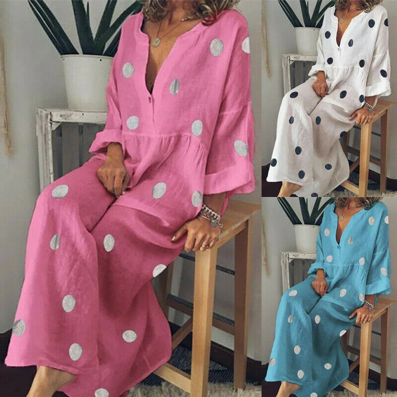 Женское платье-рубашка Boho длинное платье в горошек с треугольным вырезом на лето