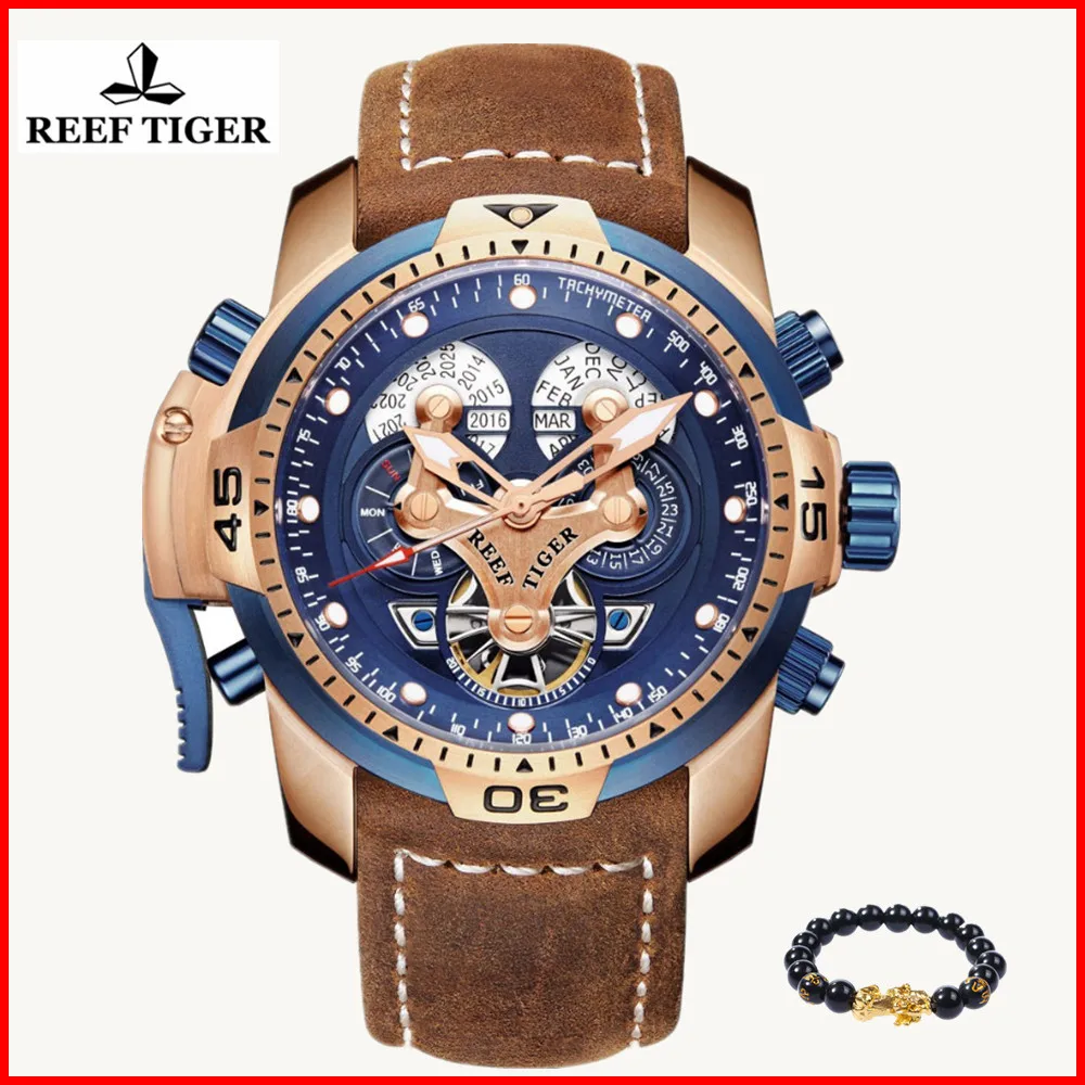 Мужские спортивные наручные часы Reef Tiger Водонепроницаемые кожаные