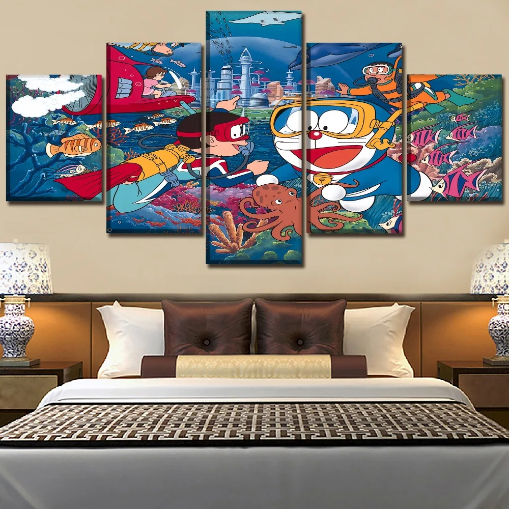 Canvas Paintings Living Room Wall Art 5 Pieces Anime Doraemon Underwater World Poster HD Prints Pictures Decorative Framework | Дом и сад