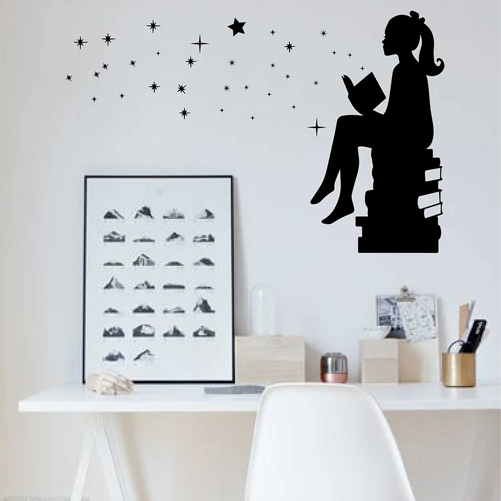 

Girl Reading Books Magic Wall Decal Vinyl Removable Art Stickers for Interiors Schools Classrooms Libraries Bedroom 734S