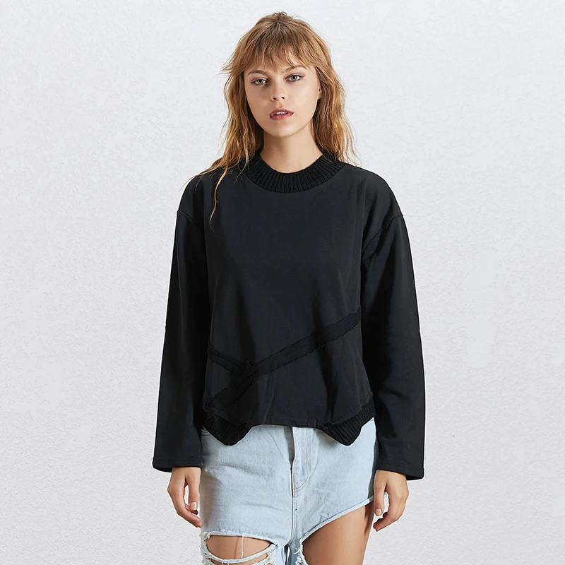 TWOTWINSTYLE уличная Толстовка для женщин с круглым вырезом и длинным рукавом с разрезом сбоку, большие размеры, однотонные пуловеры, Женская мода, новинка