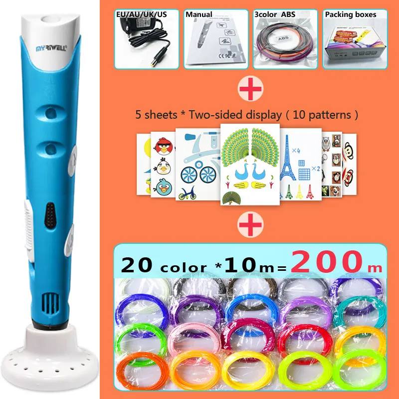 Blue pen Package 4 Myriwell 3d Ручка 3d ручки, 1,75 мм ABS/PLA нити, 3 d ручка 2018Smart3d ручка с принтом, подарок на день рождения ребенка, 3d печать pen3d модель - Цвет: Blue pen Package 4